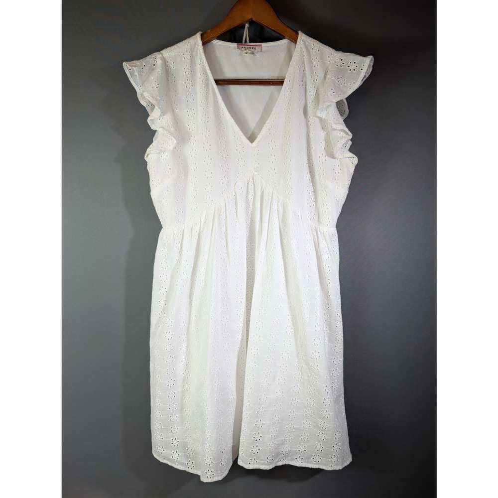 Andree by Unit Md White Eyelet Lace Babydoll Summer Dress Flutter Sleeve Summer